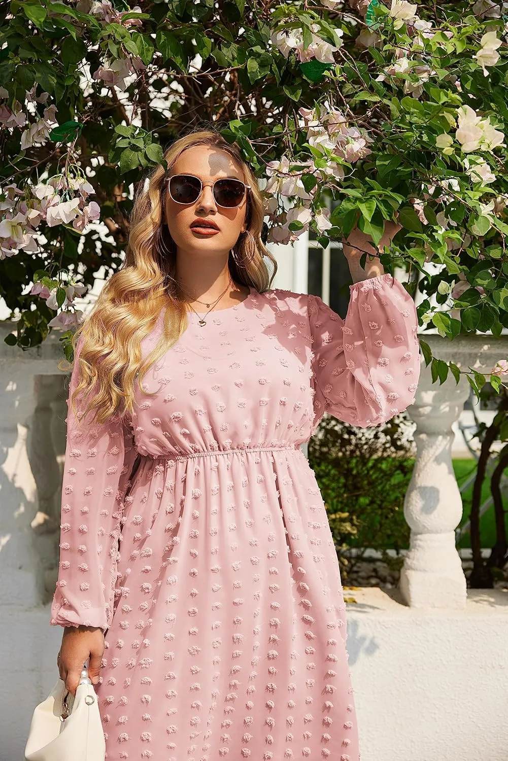 IN'VOLAND Women's Plus Size Swiss Dot Long Sleeve Chiffon Dress Flowy High Waist A Line Ruffle Babydoll Midi Dresses 16W-24W