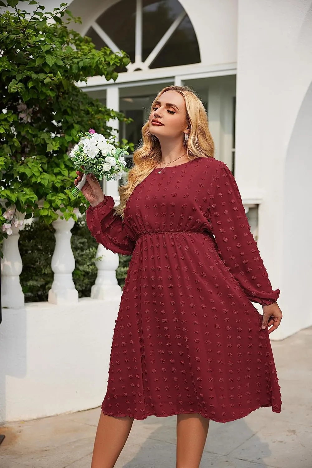 IN'VOLAND Women's Plus Size Swiss Dot Long Sleeve Chiffon Dress Flowy High Waist A Line Ruffle Babydoll Midi Dresses 16W-24W