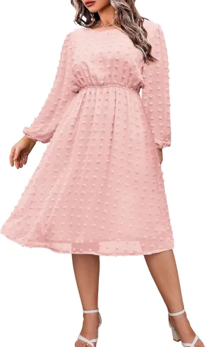 IN'VOLAND Women's Plus Size Swiss Dot Long Sleeve Chiffon Dress Flowy High Waist A Line Ruffle Babydoll Midi Dresses 16W-24W