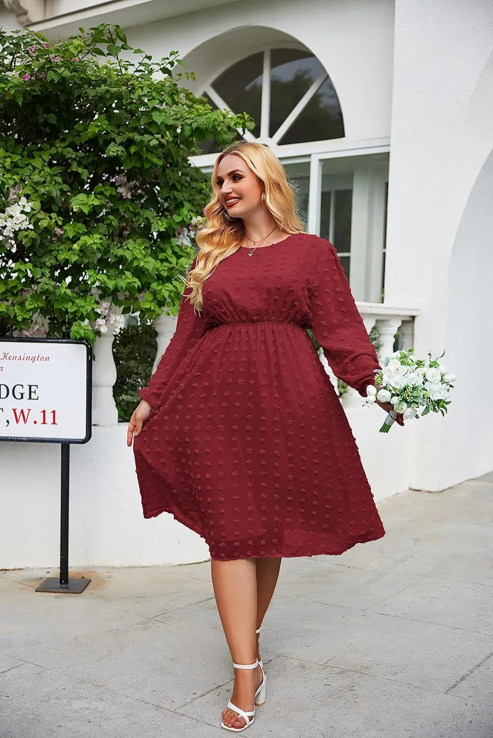 IN'VOLAND Women's Plus Size Swiss Dot Long Sleeve Chiffon Dress Flowy High Waist A Line Ruffle Babydoll Midi Dresses 16W-24W