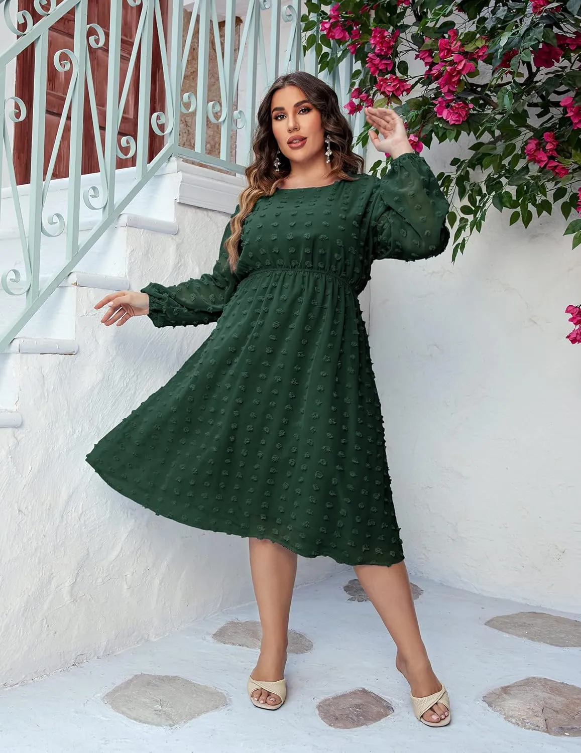 IN'VOLAND Women's Plus Size Swiss Dot Long Sleeve Chiffon Dress Flowy High Waist A Line Ruffle Babydoll Midi Dresses 16W-24W