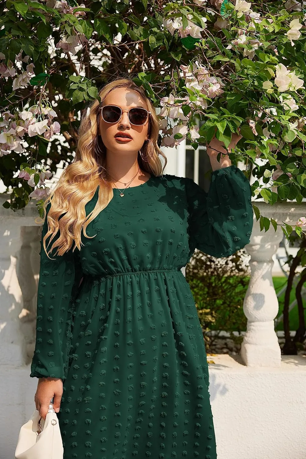 IN'VOLAND Women's Plus Size Swiss Dot Long Sleeve Chiffon Dress Flowy High Waist A Line Ruffle Babydoll Midi Dresses 16W-24W