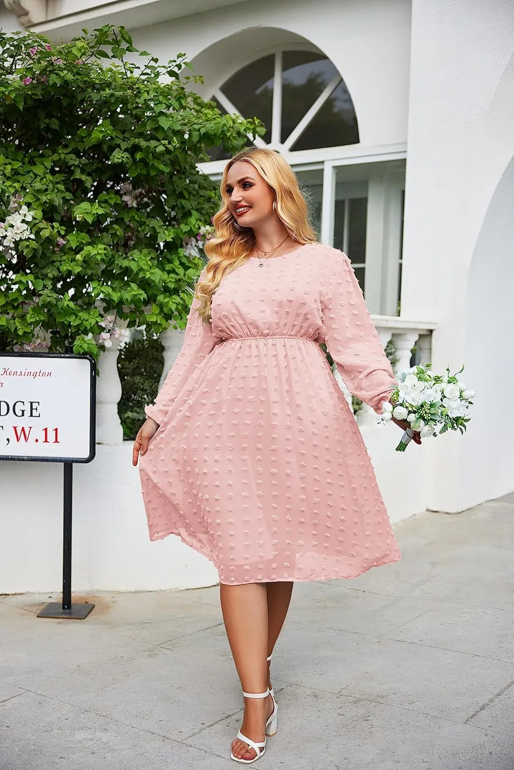IN'VOLAND Women's Plus Size Swiss Dot Long Sleeve Chiffon Dress Flowy High Waist A Line Ruffle Babydoll Midi Dresses 16W-24W