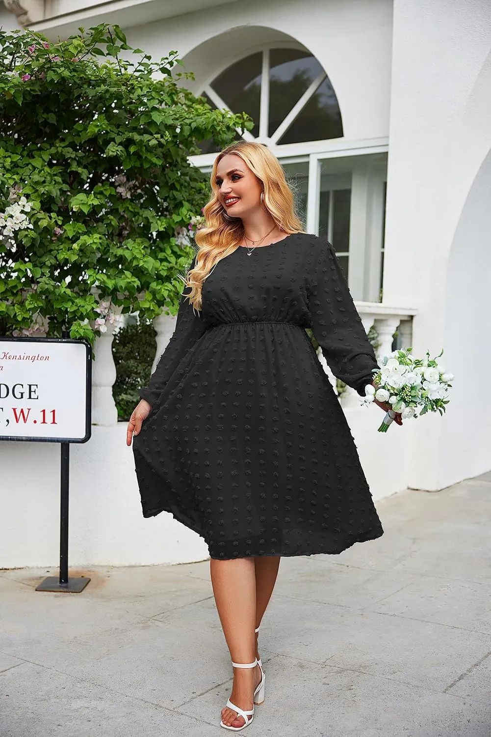 IN'VOLAND Women's Plus Size Swiss Dot Long Sleeve Chiffon Dress Flowy High Waist A Line Ruffle Babydoll Midi Dresses 16W-24W