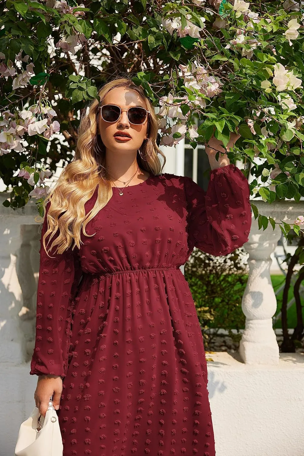 IN'VOLAND Women's Plus Size Swiss Dot Long Sleeve Chiffon Dress Flowy High Waist A Line Ruffle Babydoll Midi Dresses 16W-24W