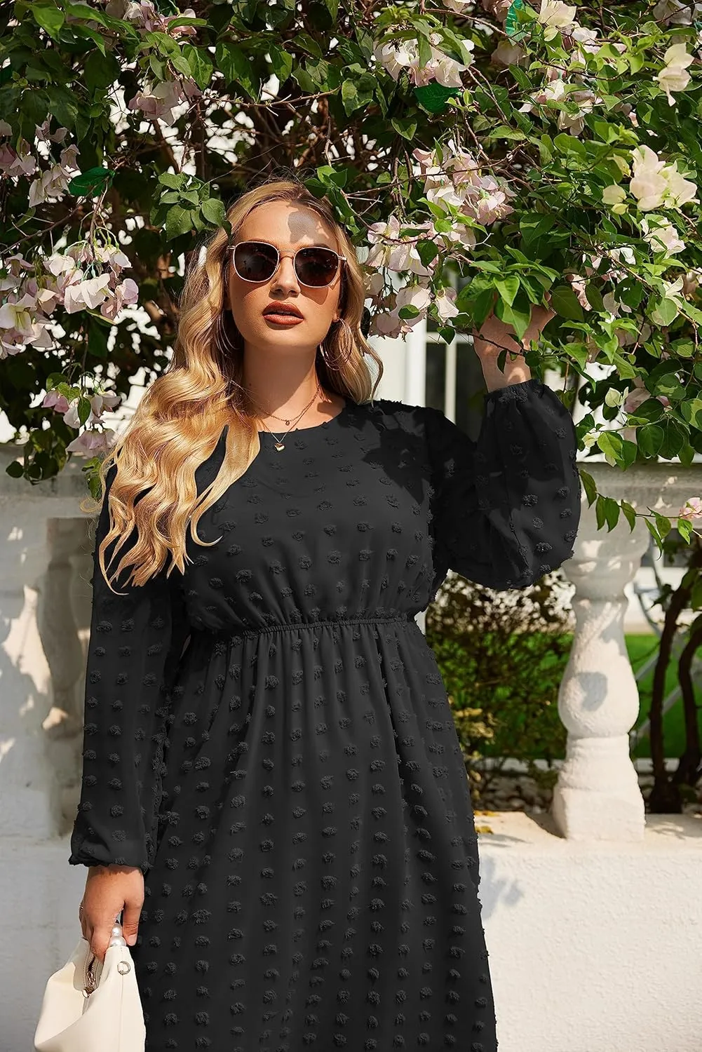 IN'VOLAND Women's Plus Size Swiss Dot Long Sleeve Chiffon Dress Flowy High Waist A Line Ruffle Babydoll Midi Dresses 16W-24W
