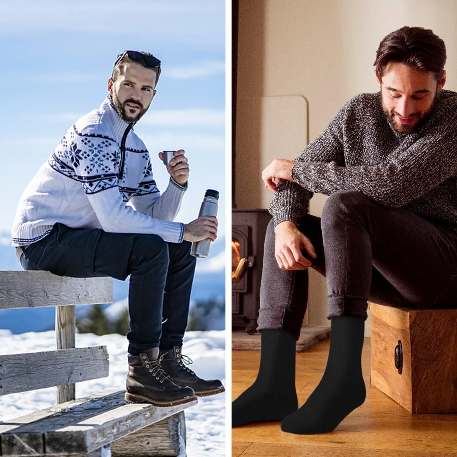 Iseasoo Warm Thick Knee High Socks for Men, 4 Pairs Cotton Toe Tall Cushioned Long Socks for Hiking,Work,Winter,Gifts