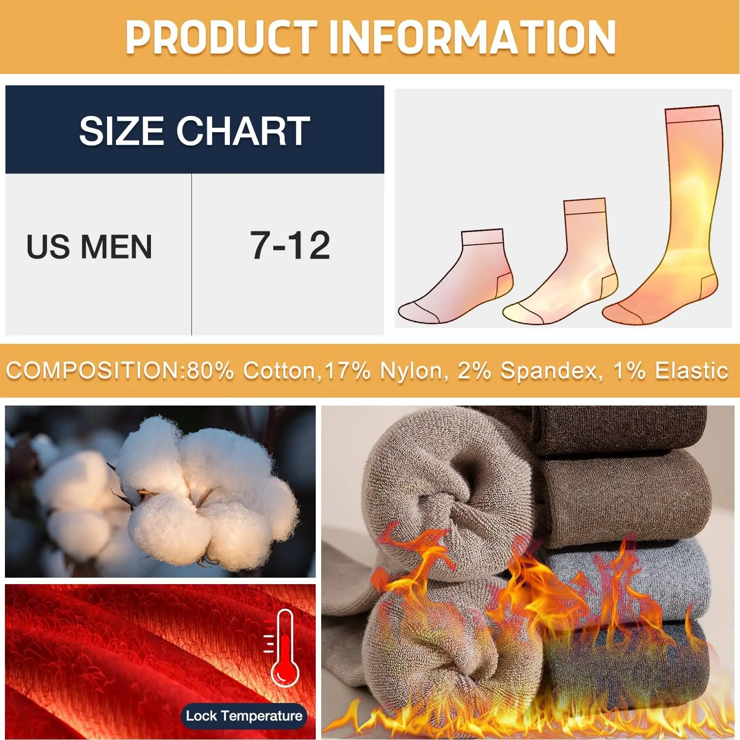 Iseasoo Warm Thick Knee High Socks for Men, 4 Pairs Cotton Toe Tall Cushioned Long Socks for Hiking,Work,Winter,Gifts
