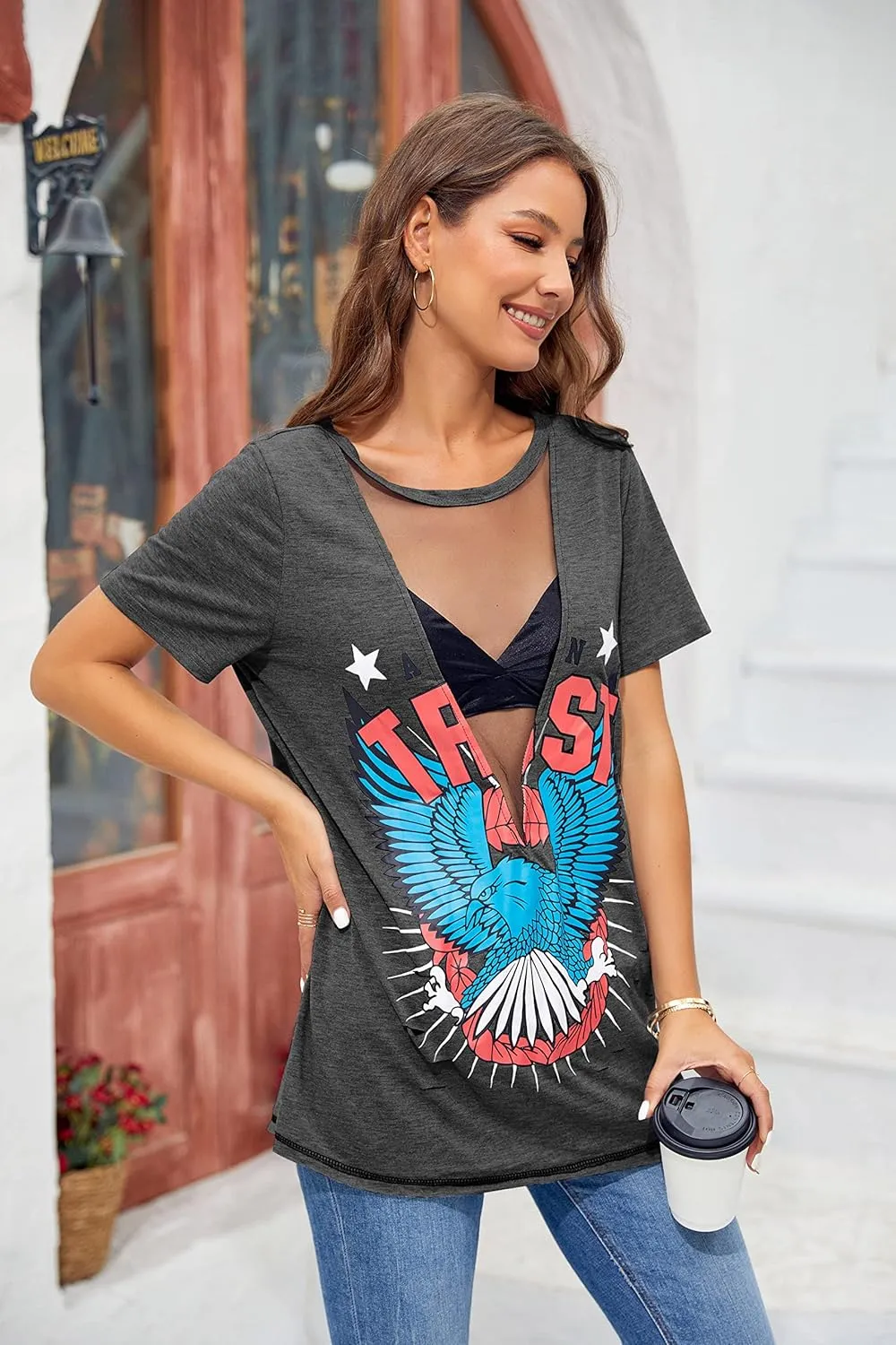Karlywindow Womens Short Sleeve Graphic Tees Distressed Hawk Print Mesh V Neck Loose Sexy T-Shirt Tops