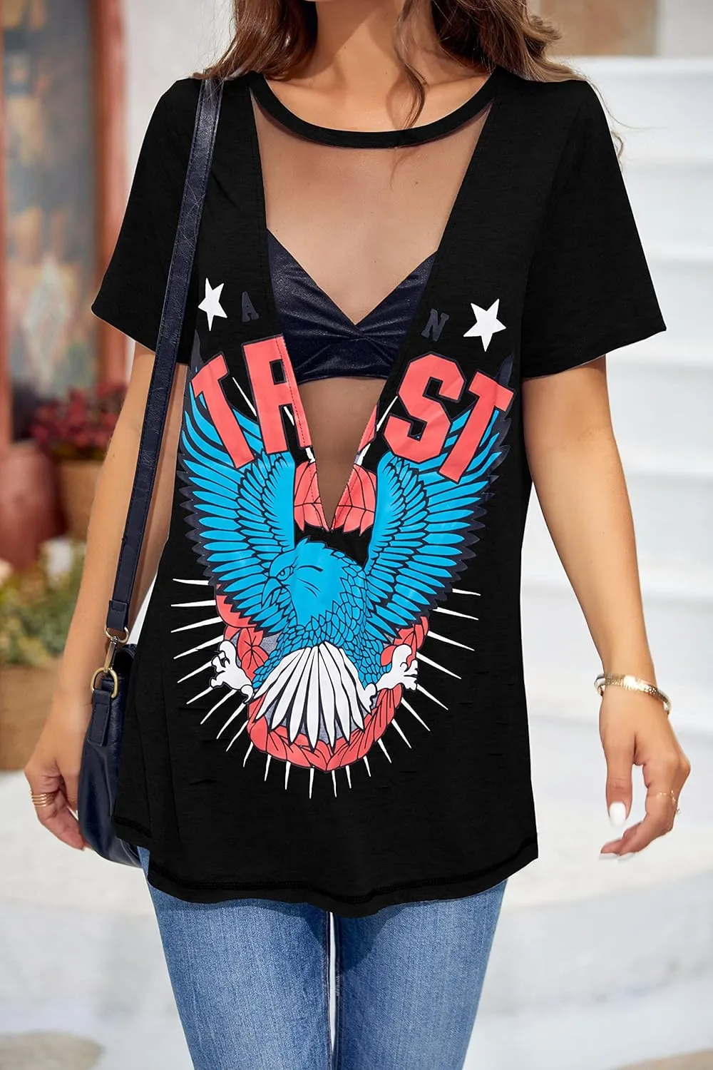 Karlywindow Womens Short Sleeve Graphic Tees Distressed Hawk Print Mesh V Neck Loose Sexy T-Shirt Tops
