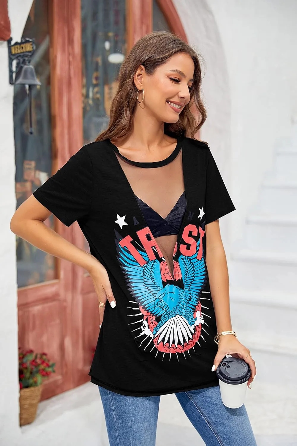 Karlywindow Womens Short Sleeve Graphic Tees Distressed Hawk Print Mesh V Neck Loose Sexy T-Shirt Tops