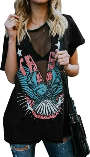 Karlywindow Womens Short Sleeve Graphic Tees Distressed Hawk Print Mesh V Neck Loose Sexy T-Shirt Tops