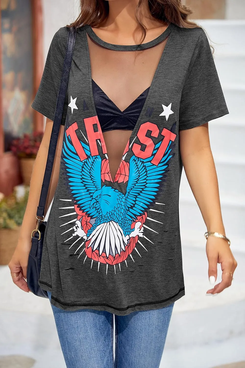 Karlywindow Womens Short Sleeve Graphic Tees Distressed Hawk Print Mesh V Neck Loose Sexy T-Shirt Tops