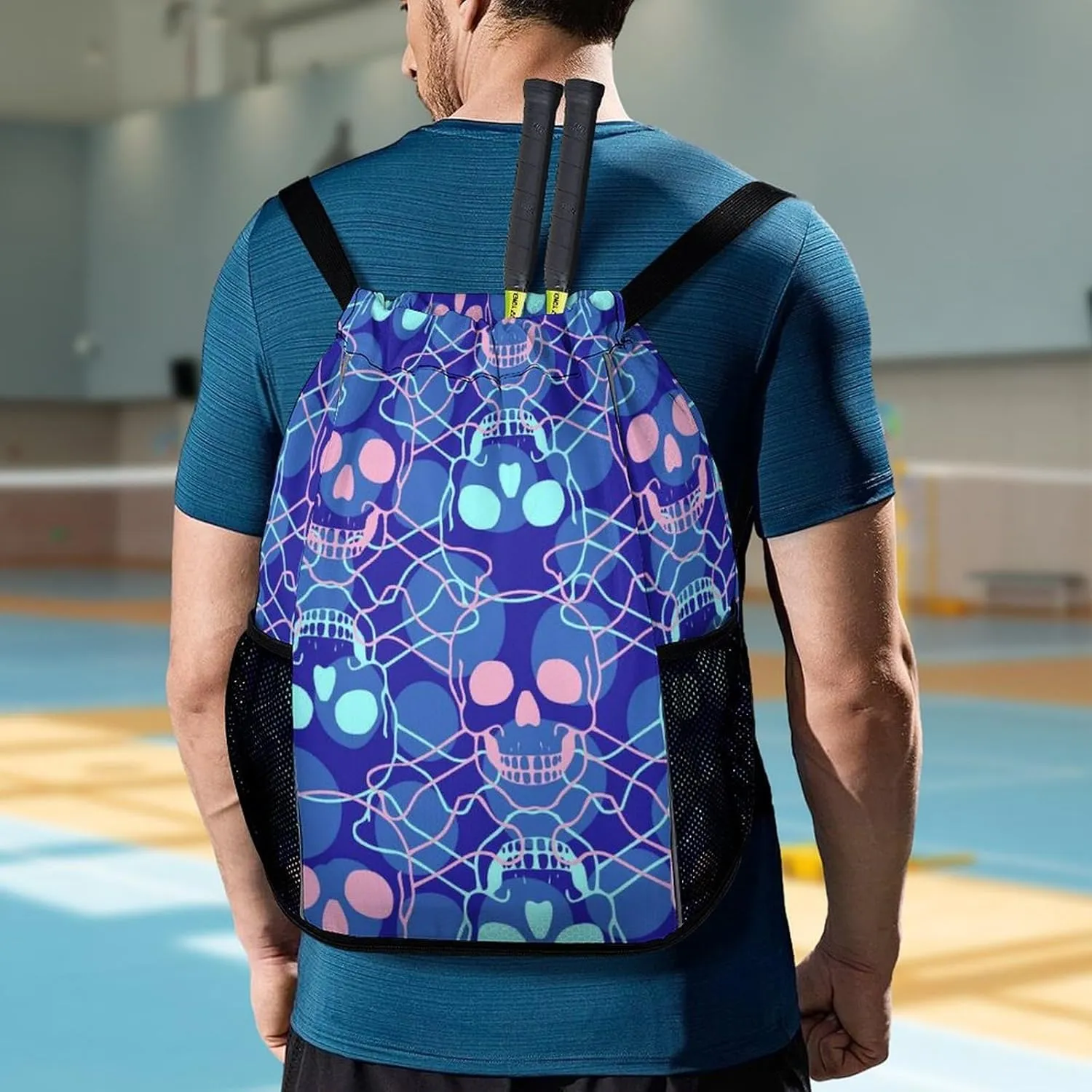 Large Capacity Drawstring Gym Backpack Sports Gym Bag for Women Men Compatible with Skulls Drawstring Backpack with Zipper Pockets and Waterproof Compartment