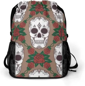 Large Capacity Drawstring Gym Backpack Sports Gym Bag for Women Men Compatible with Skulls Drawstring Backpack with Zipper Pockets and Waterproof Compartment
