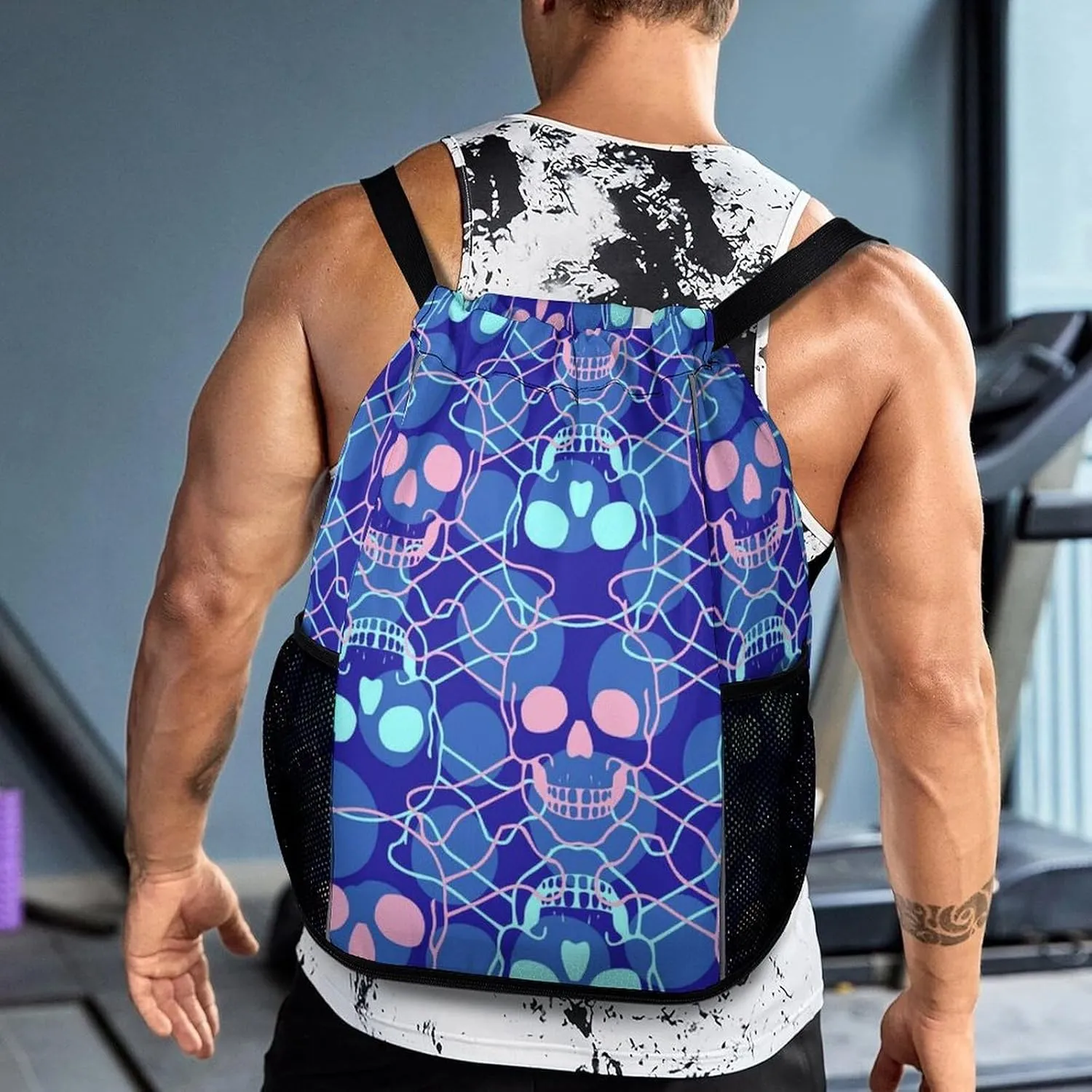 Large Capacity Drawstring Gym Backpack Sports Gym Bag for Women Men Compatible with Skulls Drawstring Backpack with Zipper Pockets and Waterproof Compartment