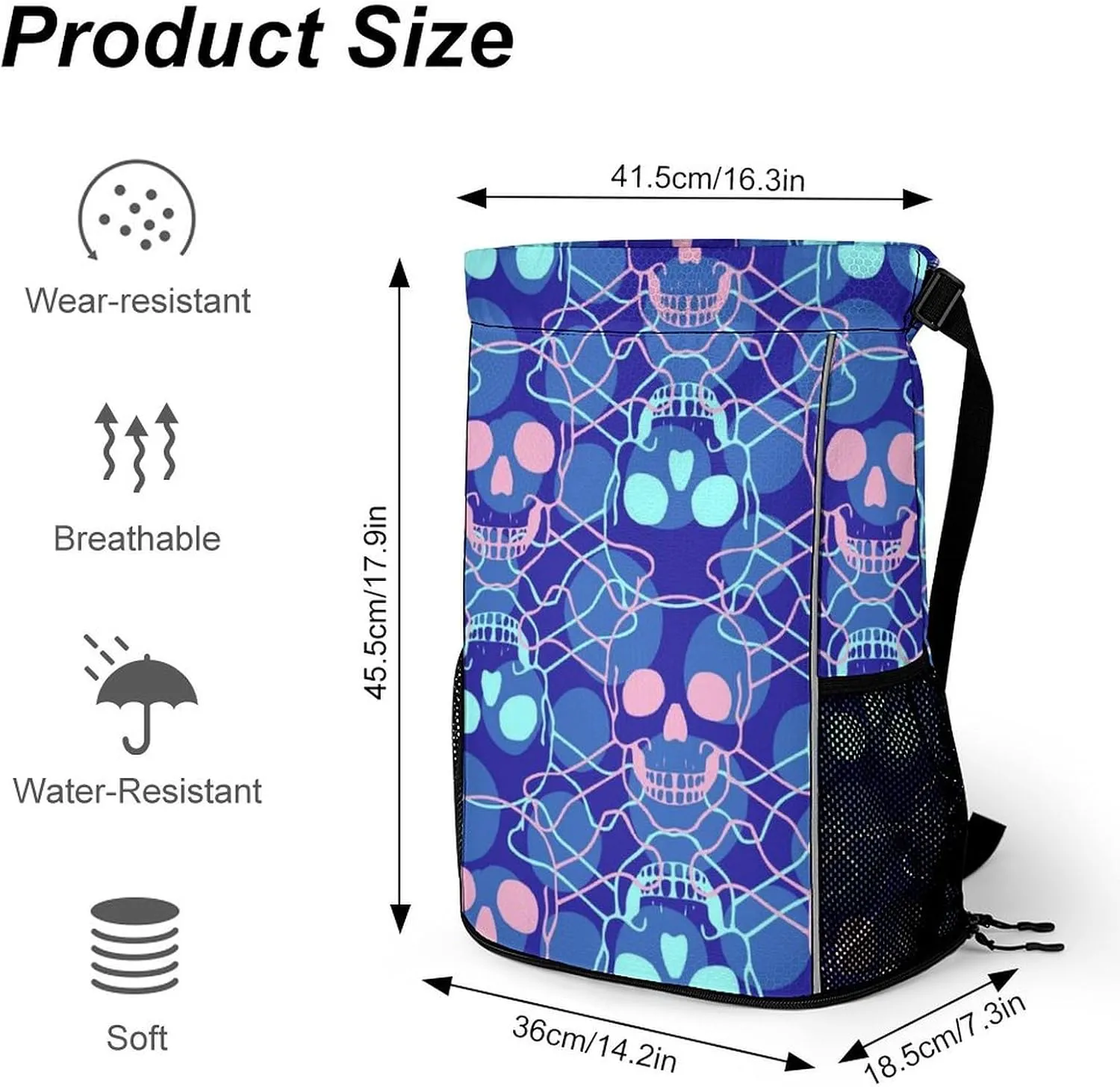 Large Capacity Drawstring Gym Backpack Sports Gym Bag for Women Men Compatible with Skulls Drawstring Backpack with Zipper Pockets and Waterproof Compartment