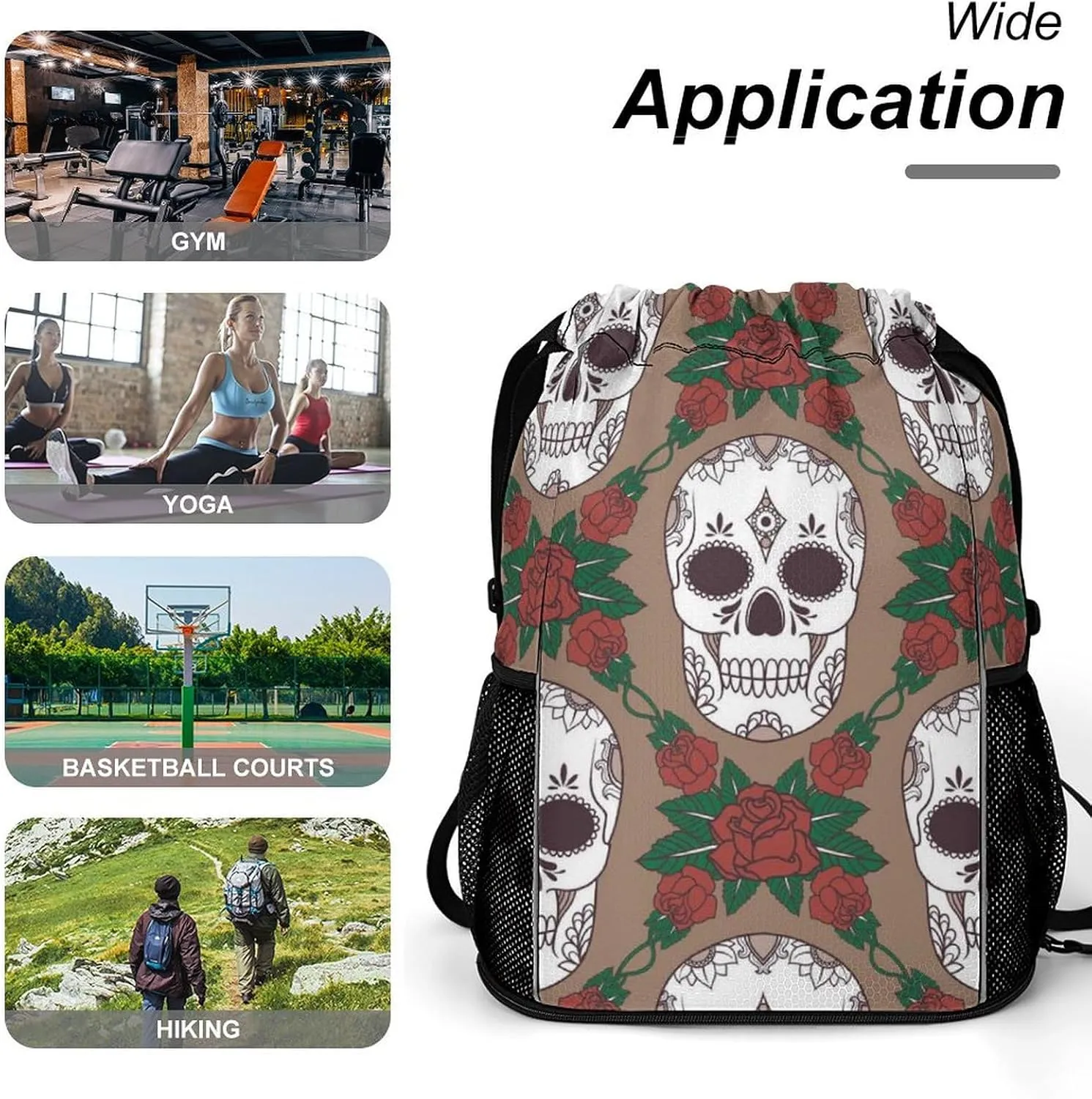 Large Capacity Drawstring Gym Backpack Sports Gym Bag for Women Men Compatible with Skulls Drawstring Backpack with Zipper Pockets and Waterproof Compartment