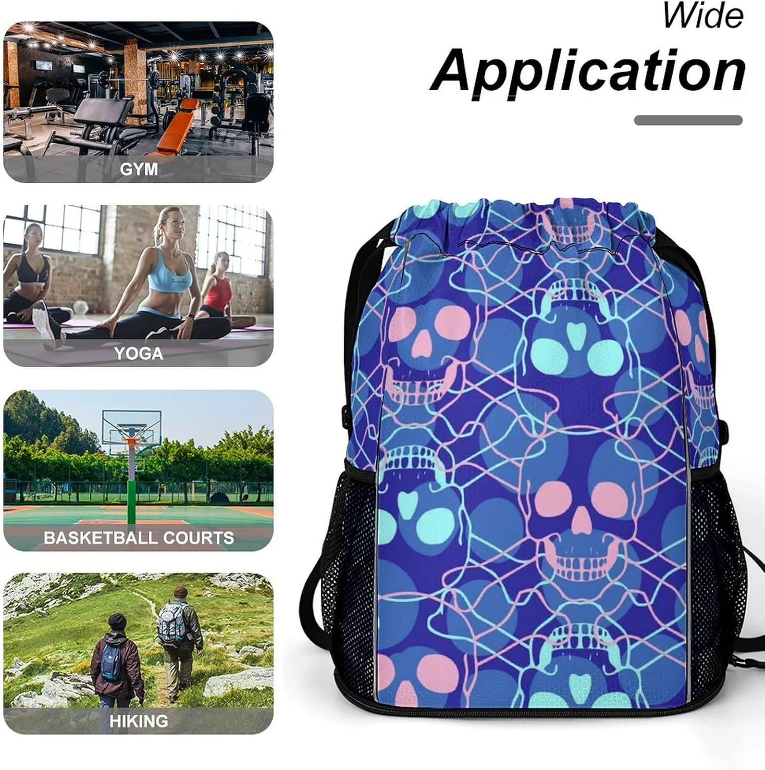 Large Capacity Drawstring Gym Backpack Sports Gym Bag for Women Men Compatible with Skulls Drawstring Backpack with Zipper Pockets and Waterproof Compartment