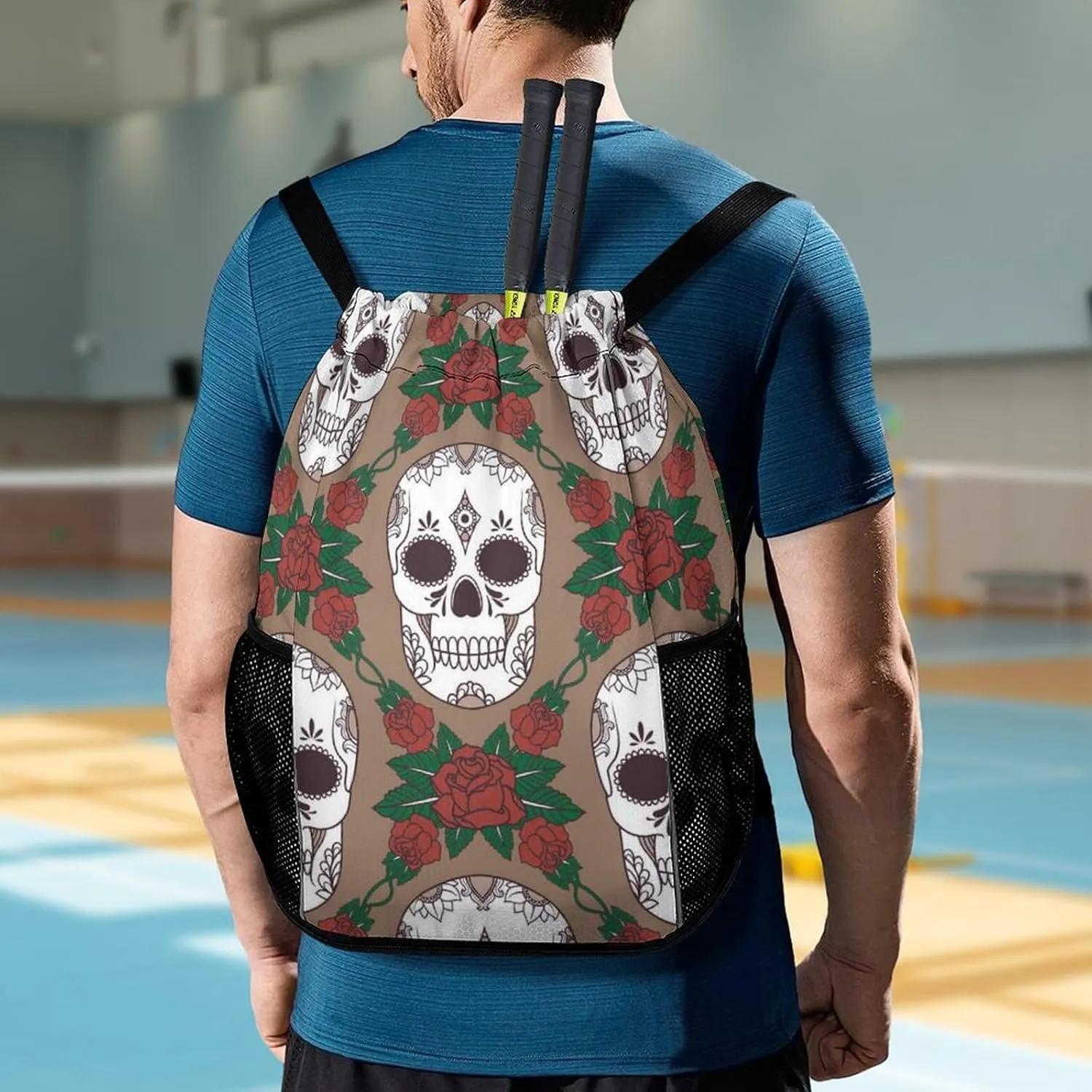Large Capacity Drawstring Gym Backpack Sports Gym Bag for Women Men Compatible with Skulls Drawstring Backpack with Zipper Pockets and Waterproof Compartment