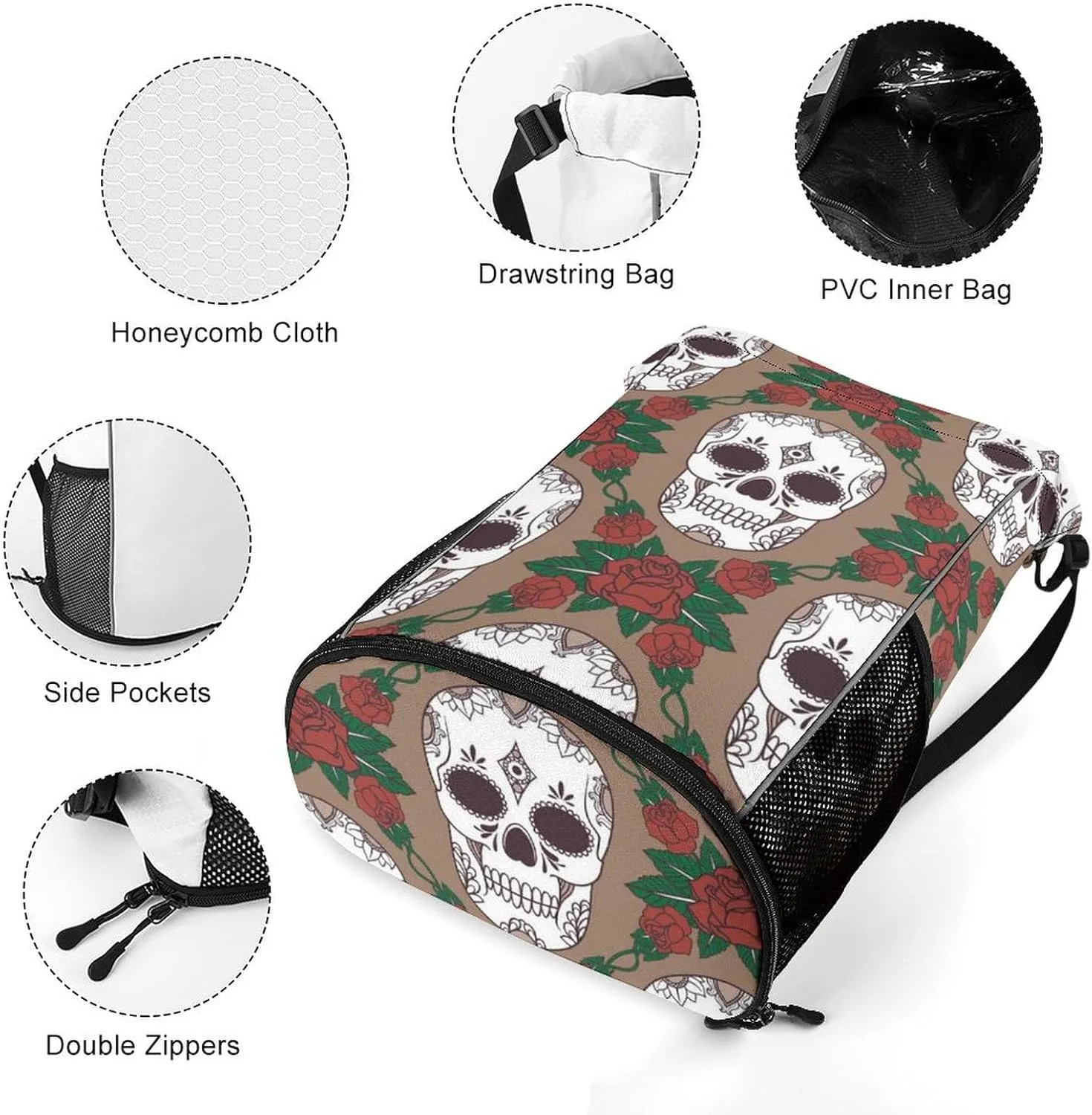 Large Capacity Drawstring Gym Backpack Sports Gym Bag for Women Men Compatible with Skulls Drawstring Backpack with Zipper Pockets and Waterproof Compartment