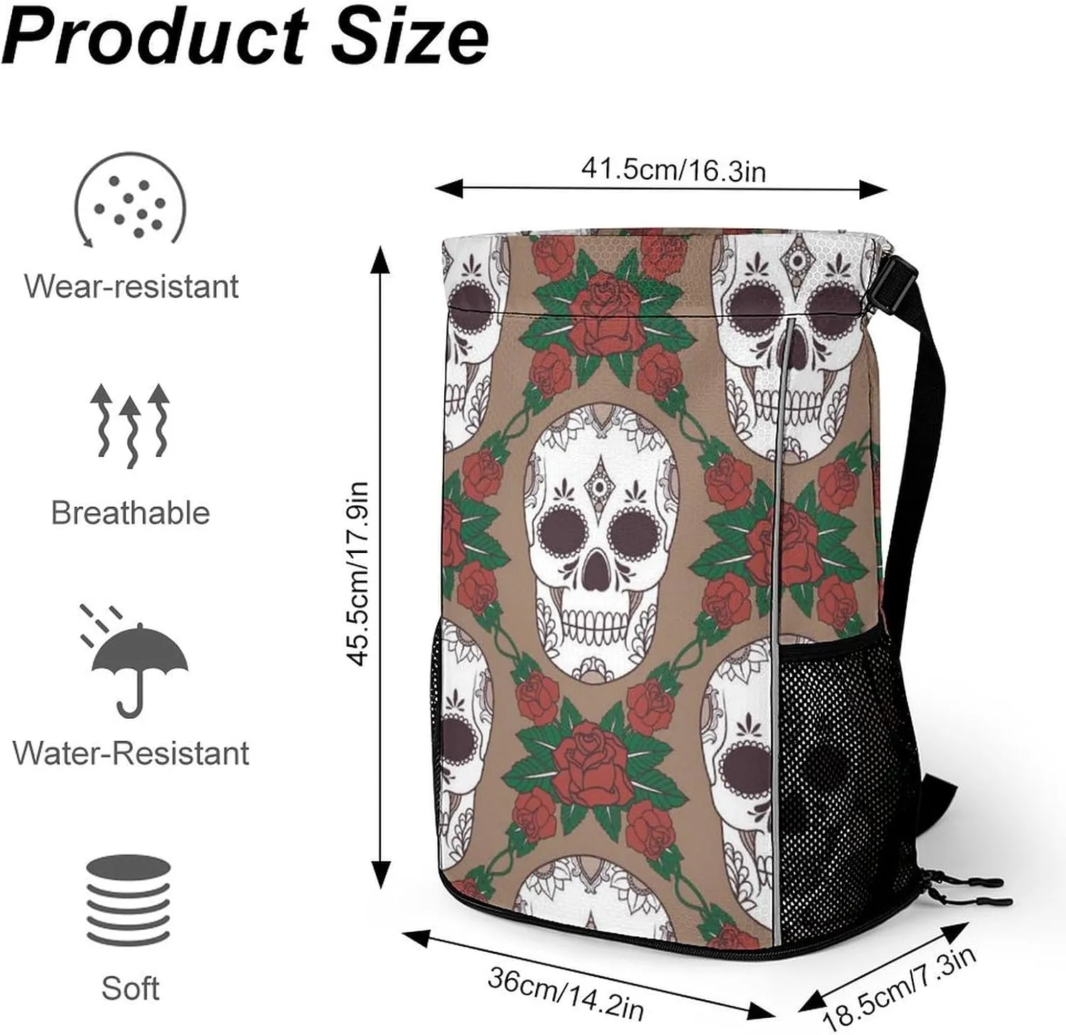 Large Capacity Drawstring Gym Backpack Sports Gym Bag for Women Men Compatible with Skulls Drawstring Backpack with Zipper Pockets and Waterproof Compartment