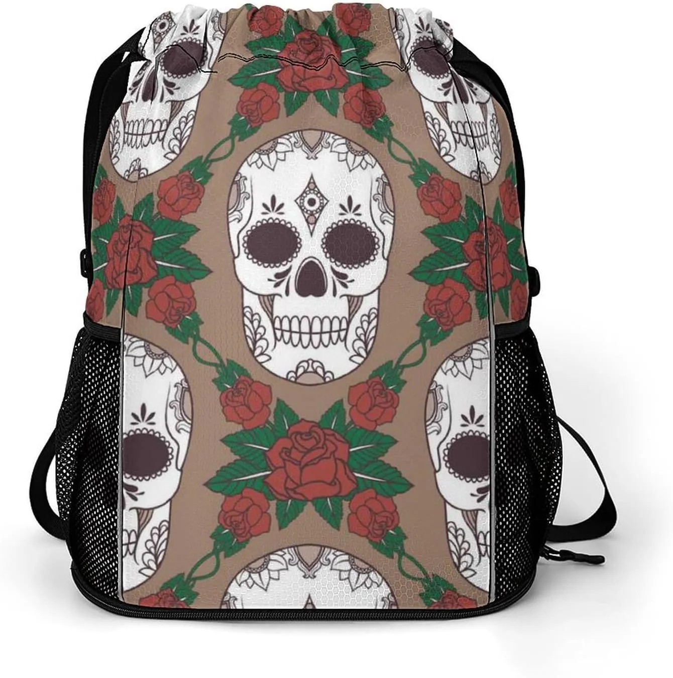 Large Capacity Drawstring Gym Backpack Sports Gym Bag for Women Men Compatible with Skulls Drawstring Backpack with Zipper Pockets and Waterproof Compartment