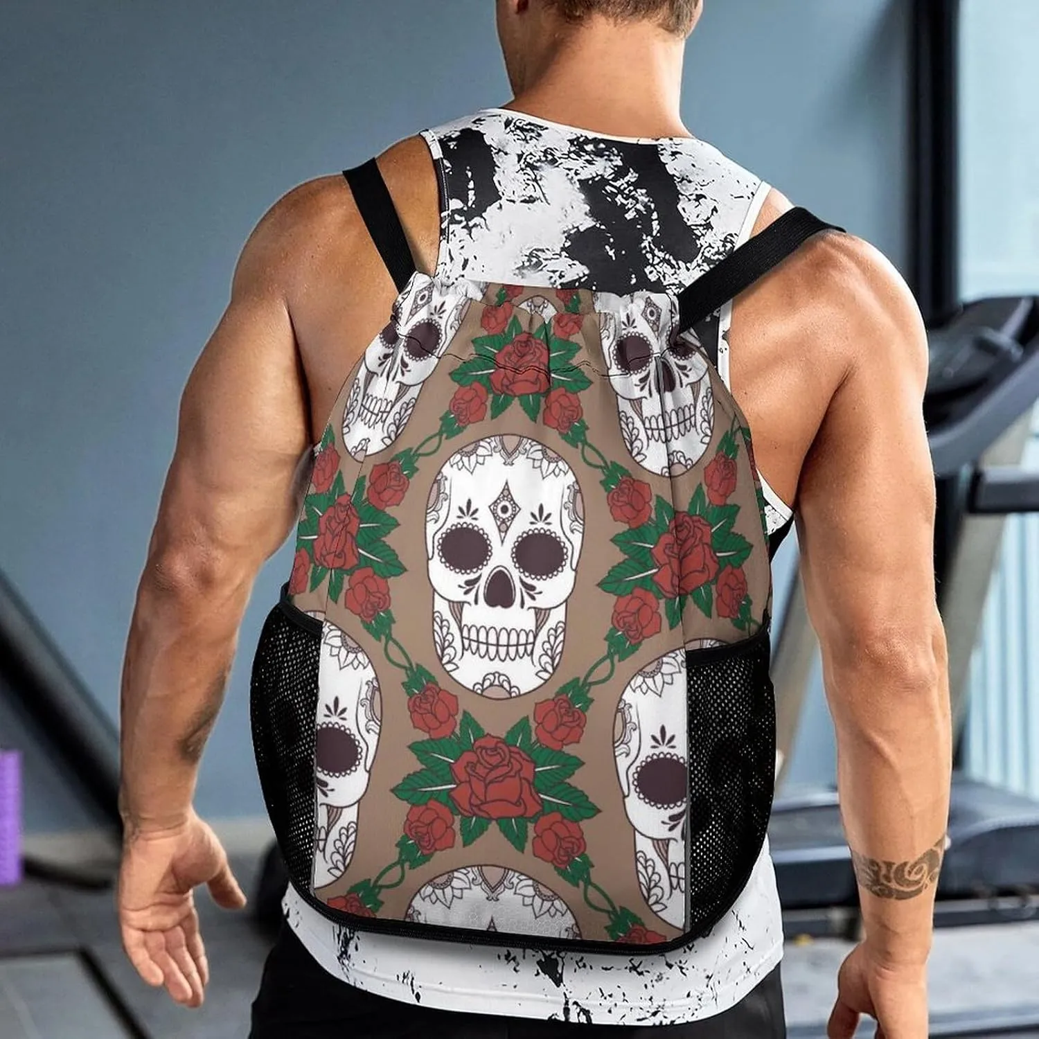 Large Capacity Drawstring Gym Backpack Sports Gym Bag for Women Men Compatible with Skulls Drawstring Backpack with Zipper Pockets and Waterproof Compartment