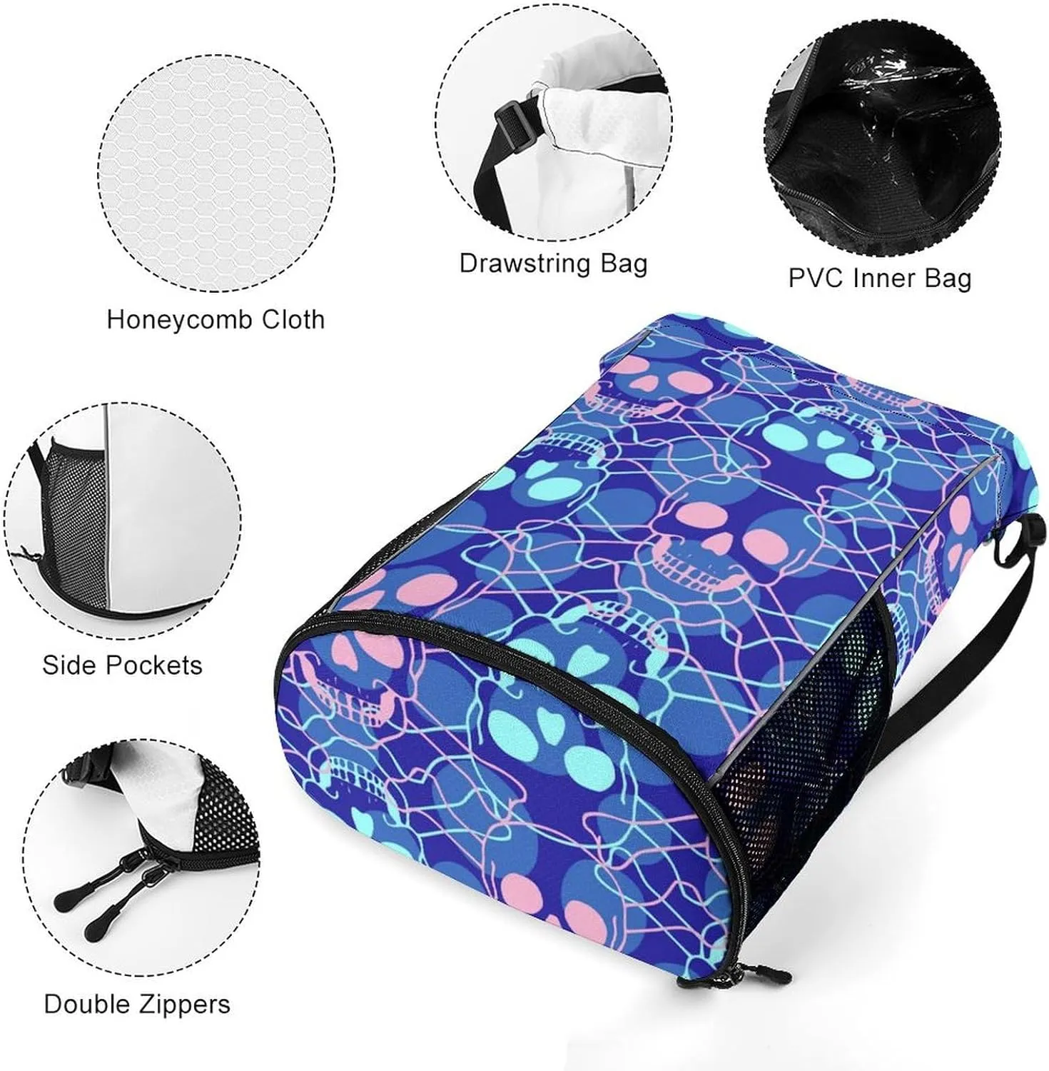 Large Capacity Drawstring Gym Backpack Sports Gym Bag for Women Men Compatible with Skulls Drawstring Backpack with Zipper Pockets and Waterproof Compartment