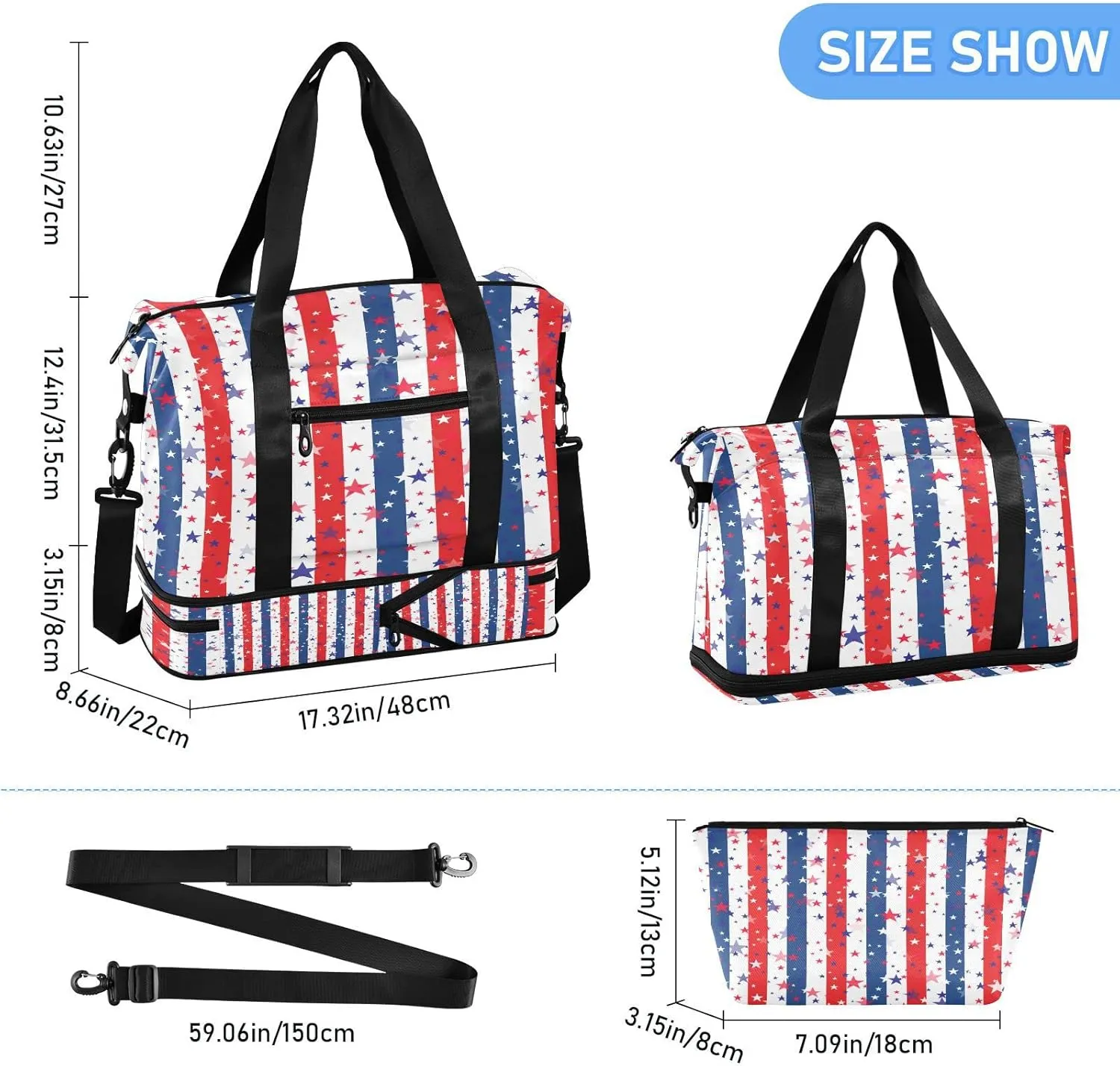 Large Gym Bag Usa Flag 4th July Sports Travel Duffel Bag,Weekender Overnight Bag with Wet Pocket and Shoes Compartment for Women Girls Travel, Gym, Yoga, School