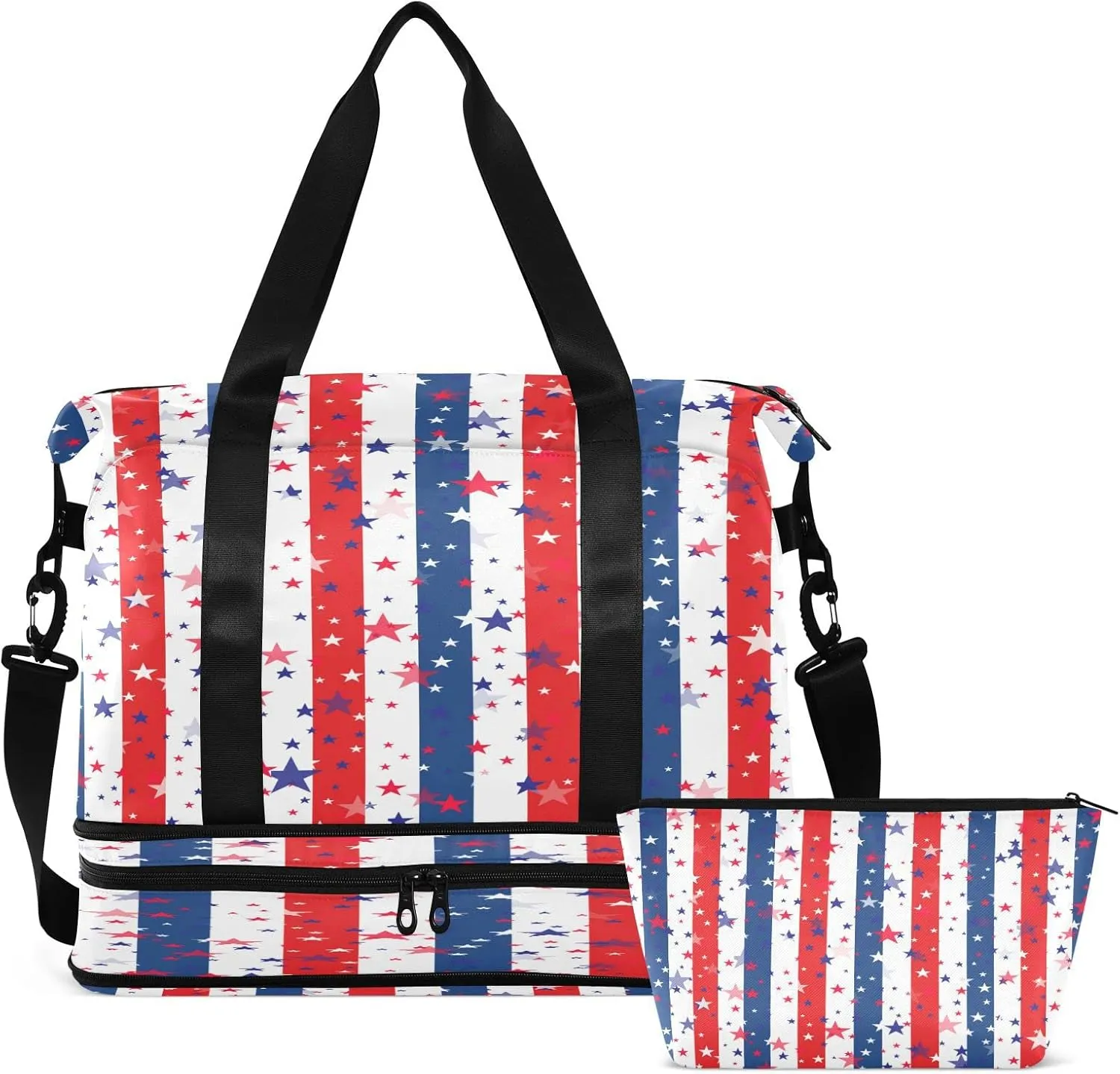 Large Gym Bag Usa Flag 4th July Sports Travel Duffel Bag,Weekender Overnight Bag with Wet Pocket and Shoes Compartment for Women Girls Travel, Gym, Yoga, School