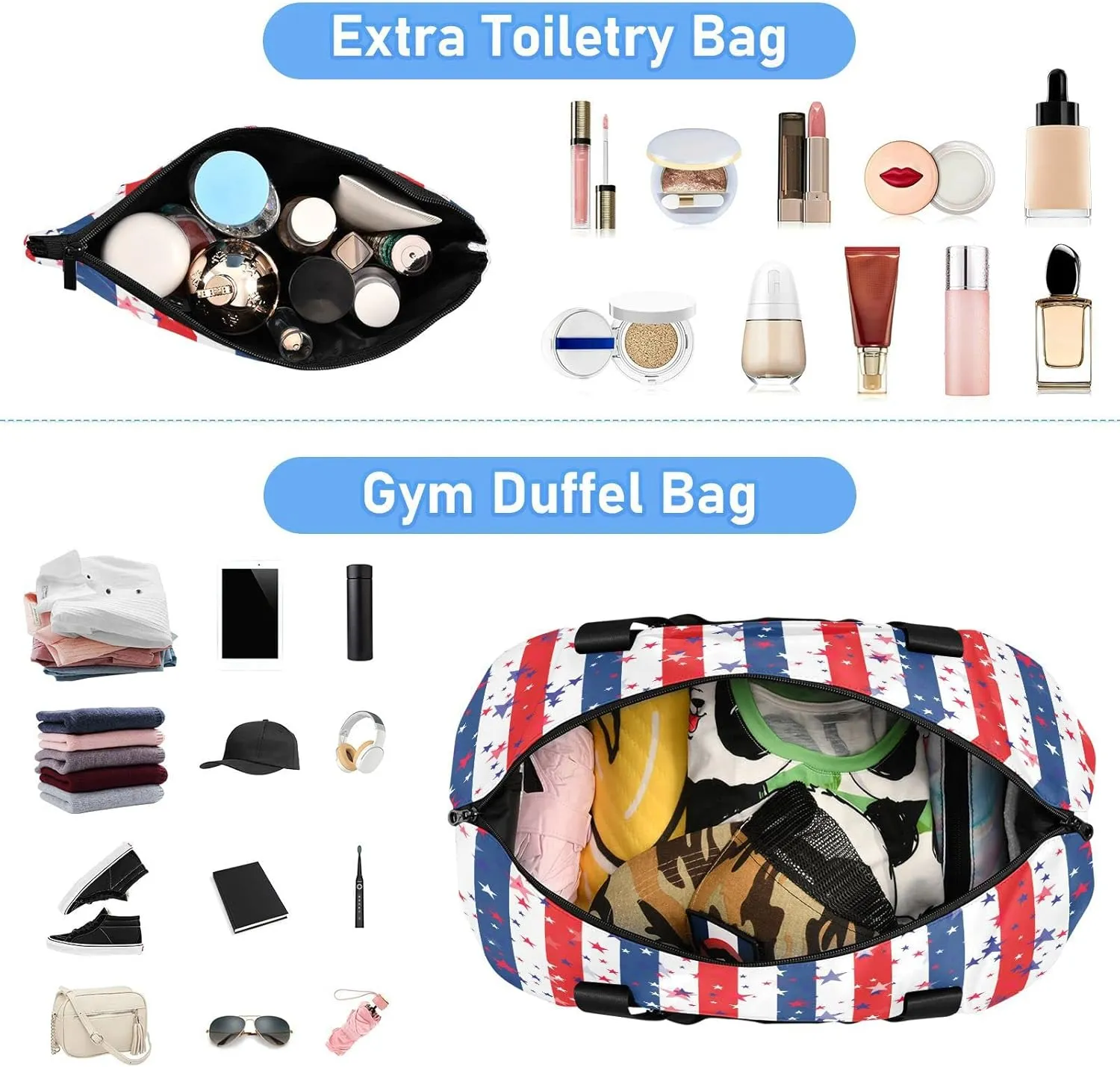 Large Gym Bag Usa Flag 4th July Sports Travel Duffel Bag,Weekender Overnight Bag with Wet Pocket and Shoes Compartment for Women Girls Travel, Gym, Yoga, School