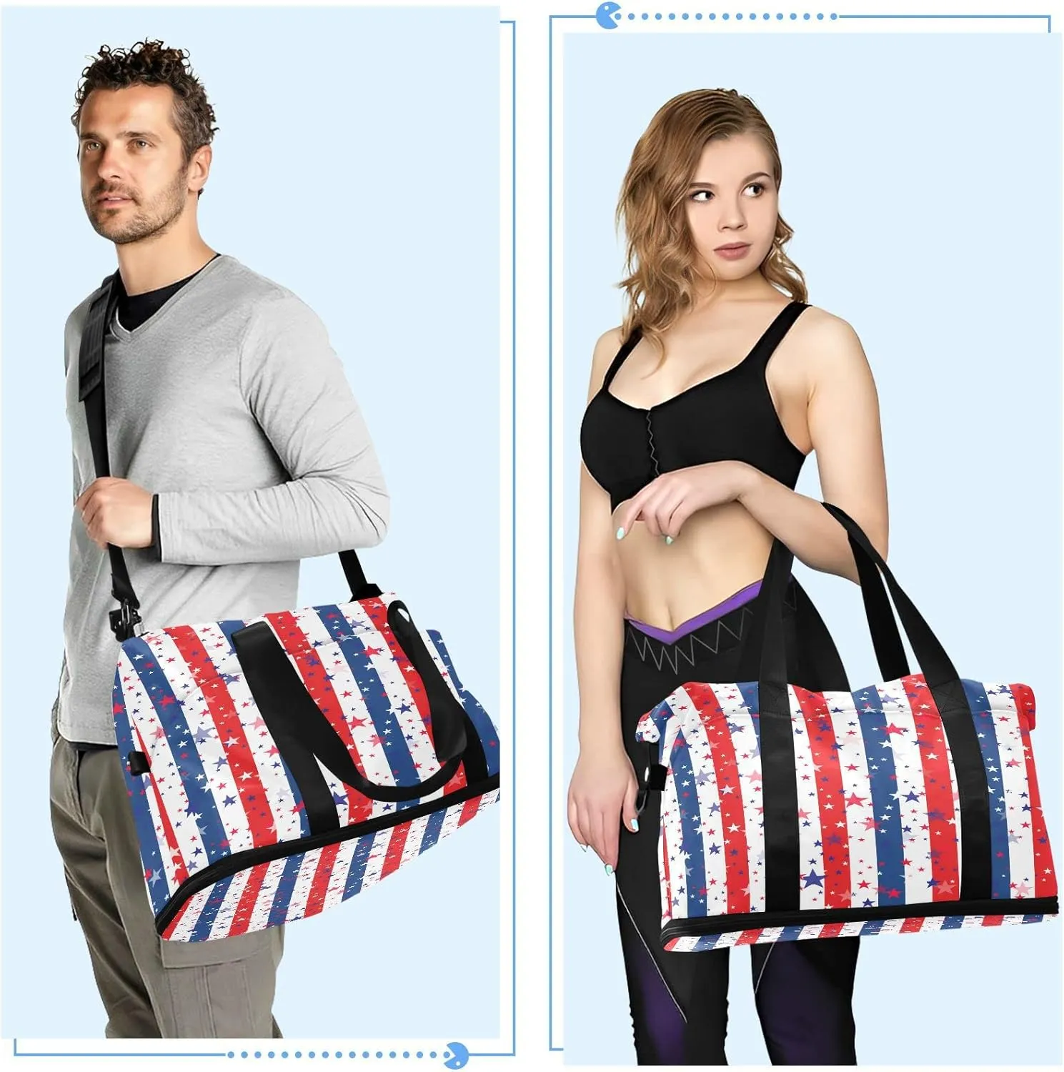 Large Gym Bag Usa Flag 4th July Sports Travel Duffel Bag,Weekender Overnight Bag with Wet Pocket and Shoes Compartment for Women Girls Travel, Gym, Yoga, School