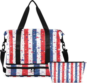 Large Gym Bag Usa Flag 4th July Sports Travel Duffel Bag,Weekender Overnight Bag with Wet Pocket and Shoes Compartment for Women Girls Travel, Gym, Yoga, School