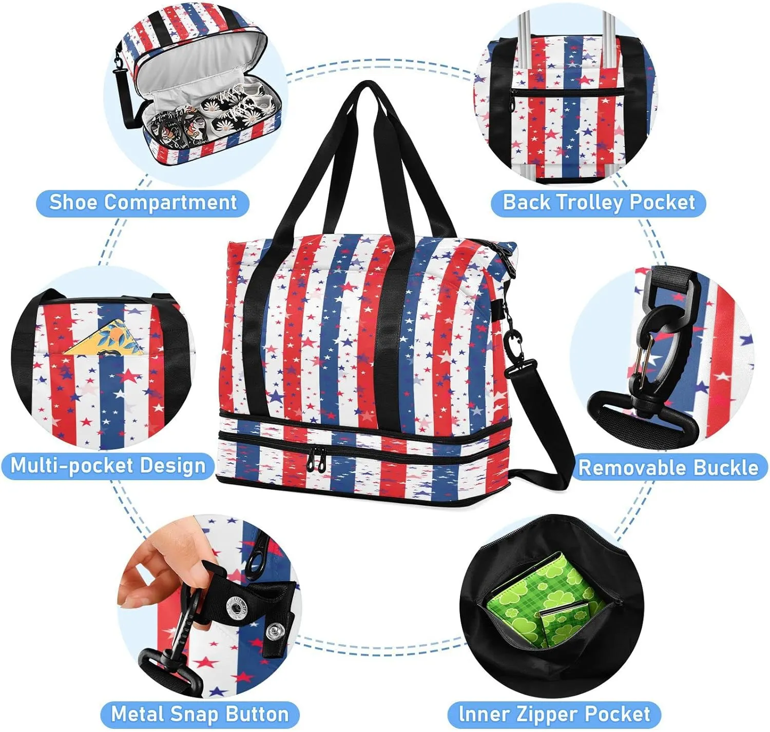 Large Gym Bag Usa Flag 4th July Sports Travel Duffel Bag,Weekender Overnight Bag with Wet Pocket and Shoes Compartment for Women Girls Travel, Gym, Yoga, School