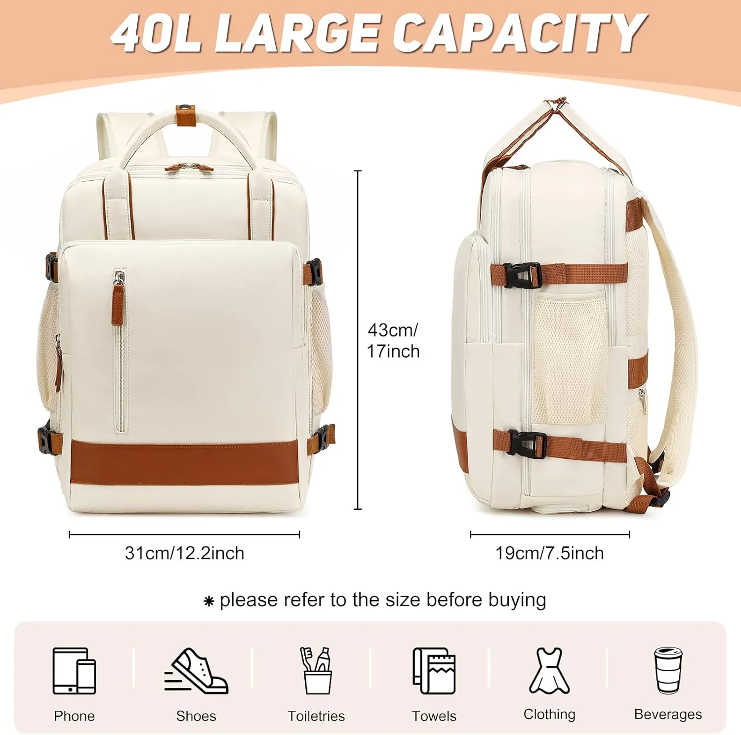 Large Travel Backpack for Women, 40L Carry On Backpack Airline Flight Approved with USB Charging Port Shoes Compartment, Personal Luggage Backpack Casual Daypack 15.6 Inch Laptop Backpack