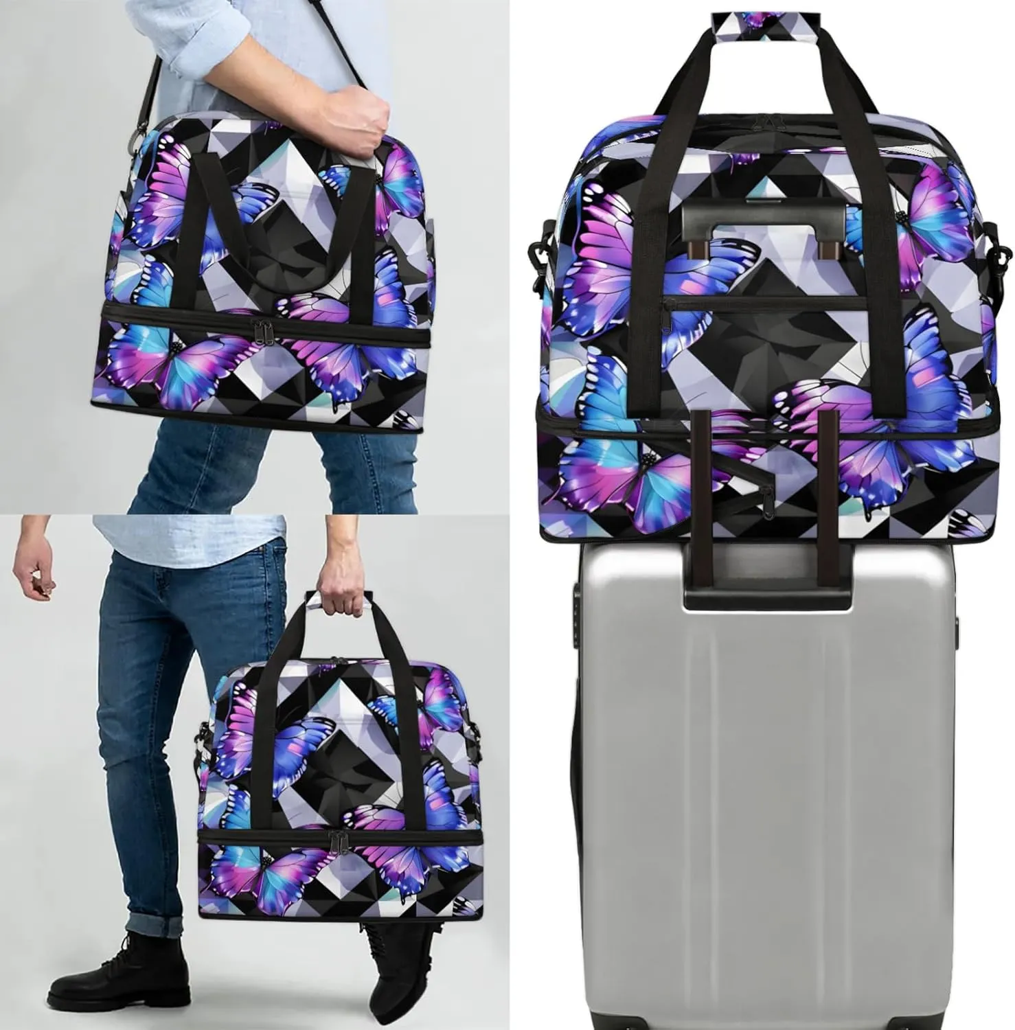 Large Travel Duffel Bag for Women Men Abstract Animal Colorful Butterfly Gym Bag Weekender Overnight Bags With Shoe Compartment Foldie Travel Tote Bag Carry On Personal Item Bag for Travel Gym Sports
