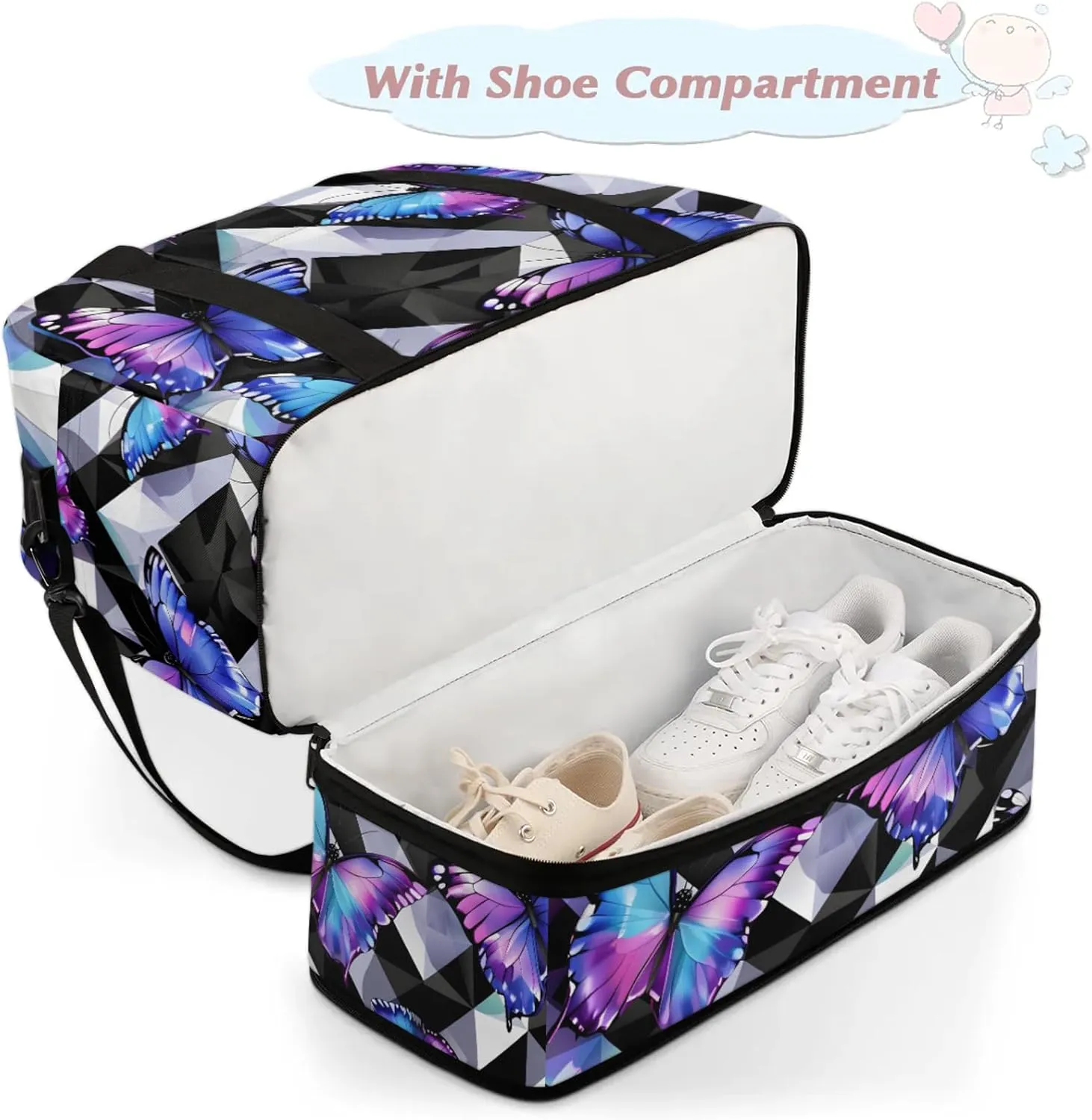 Large Travel Duffel Bag for Women Men Abstract Animal Colorful Butterfly Gym Bag Weekender Overnight Bags With Shoe Compartment Foldie Travel Tote Bag Carry On Personal Item Bag for Travel Gym Sports