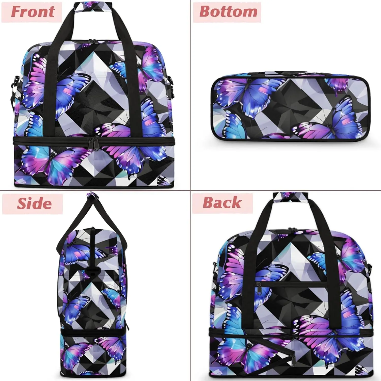 Large Travel Duffel Bag for Women Men Abstract Animal Colorful Butterfly Gym Bag Weekender Overnight Bags With Shoe Compartment Foldie Travel Tote Bag Carry On Personal Item Bag for Travel Gym Sports