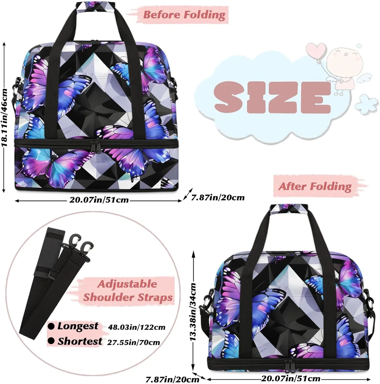 Large Travel Duffel Bag for Women Men Abstract Animal Colorful Butterfly Gym Bag Weekender Overnight Bags With Shoe Compartment Foldie Travel Tote Bag Carry On Personal Item Bag for Travel Gym Sports