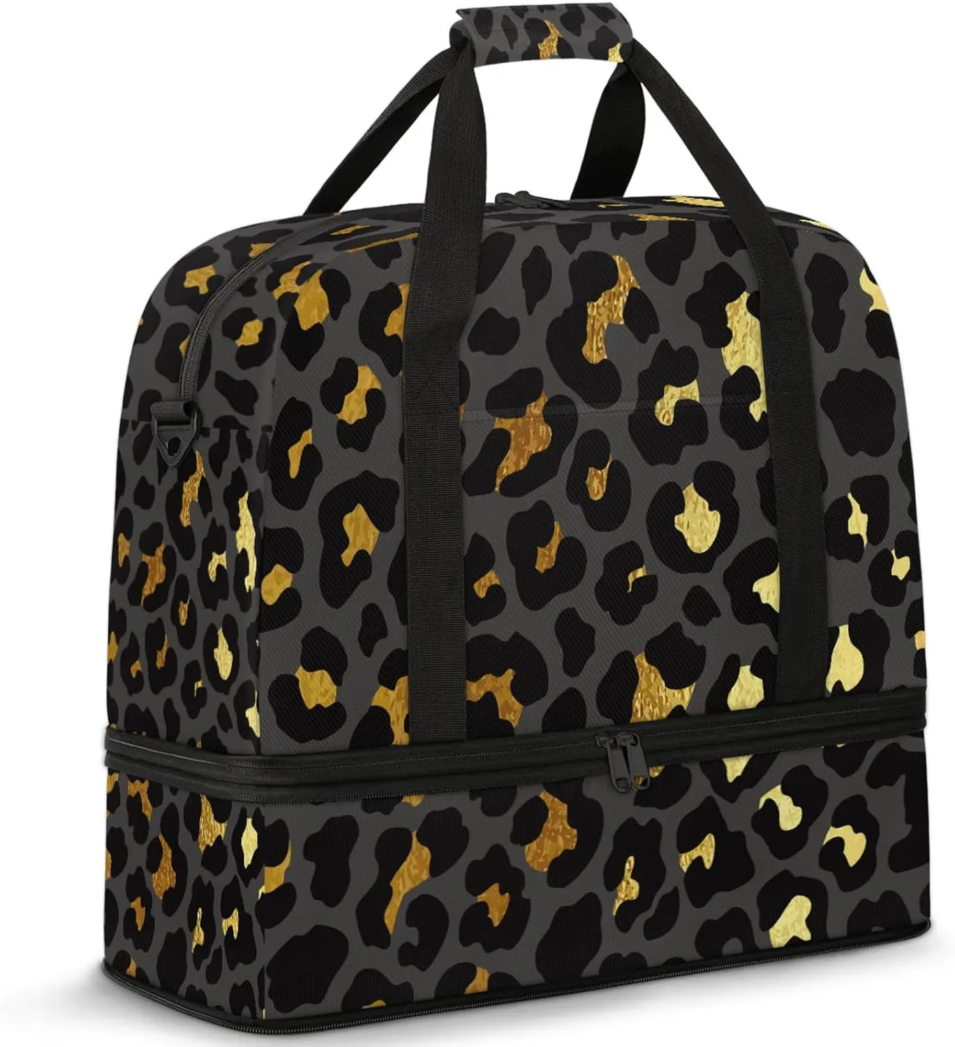Large Travel Duffel Bag for Women Men Abstract Black Gold Leopard Print Gym Bag Weekender Overnight Bags With Shoe Compartment Foldie Travel Tote Bag Carry On Personal Item Bag for Travel Gym Sports