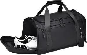 Large Travel Duffel Flight Bag with Shoe Compartment Wet Pocket for Women Men Carry On Weekender Crossbody Bag Water-Resistant PU Leather (Black)