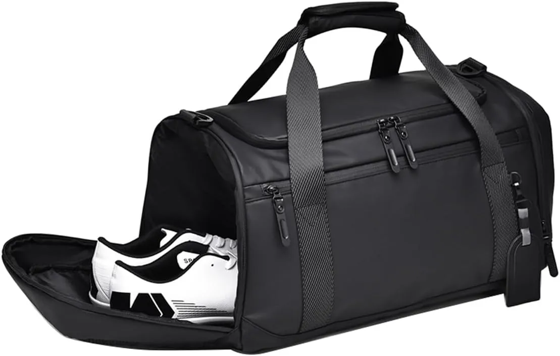 Large Travel Duffel Flight Bag with Shoe Compartment Wet Pocket for Women Men Carry On Weekender Crossbody Bag Water-Resistant PU Leather (Black)
