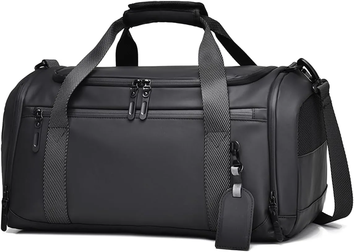Large Travel Duffel Flight Bag with Shoe Compartment Wet Pocket for Women Men Carry On Weekender Crossbody Bag Water-Resistant PU Leather (Black)