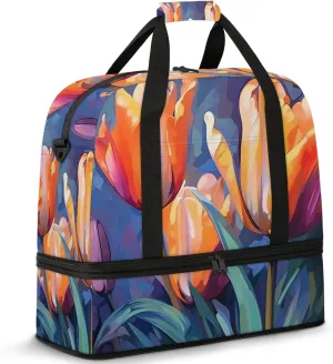 Large Weekender Overnight Bags Flower Tulip Oil Painting Travel Duffel Bag for Women Men Gym Bag With Shoe Compartment Foldie Travel Tote Bag Carry On Personal Item Bag for Travel Gym Sports