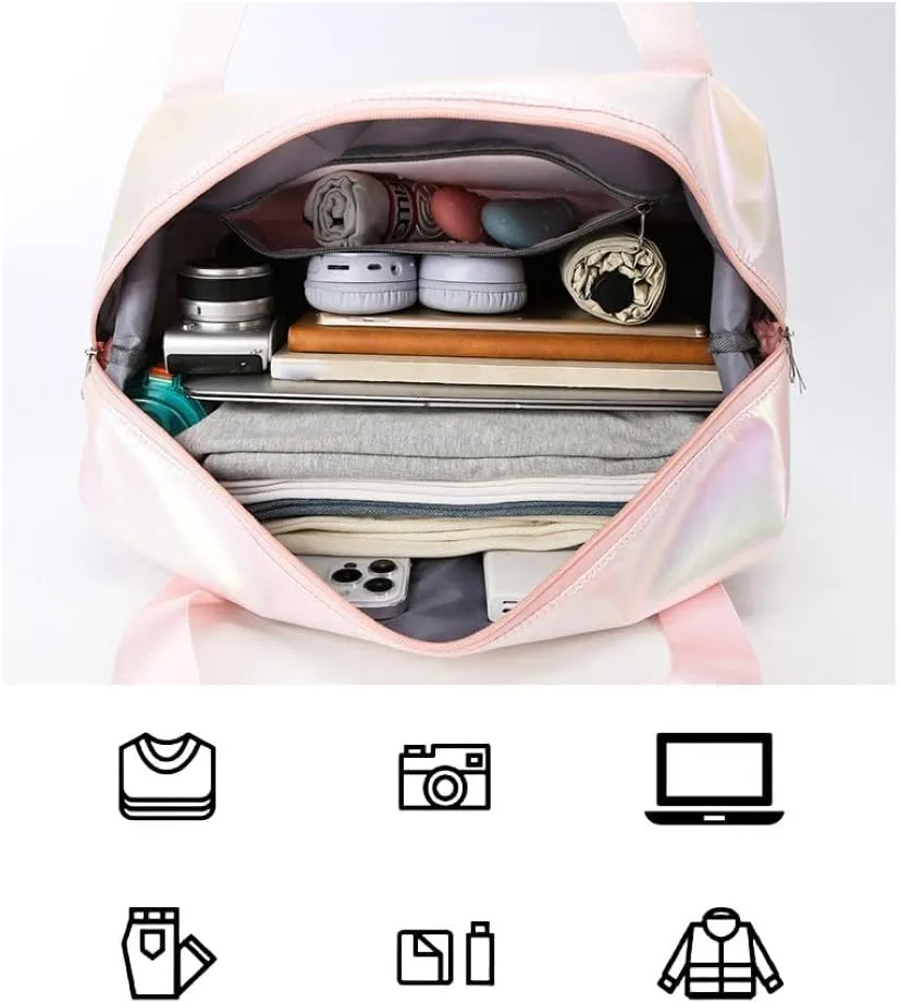 Laser Foldable Gym Bag for Women,Sports Travel Duffel Bag, Weekender Overnight Bag with Wet Pocket and Shoes Compartment for Women, Travel,Workout,Gym, Yoga G44 (Beige)