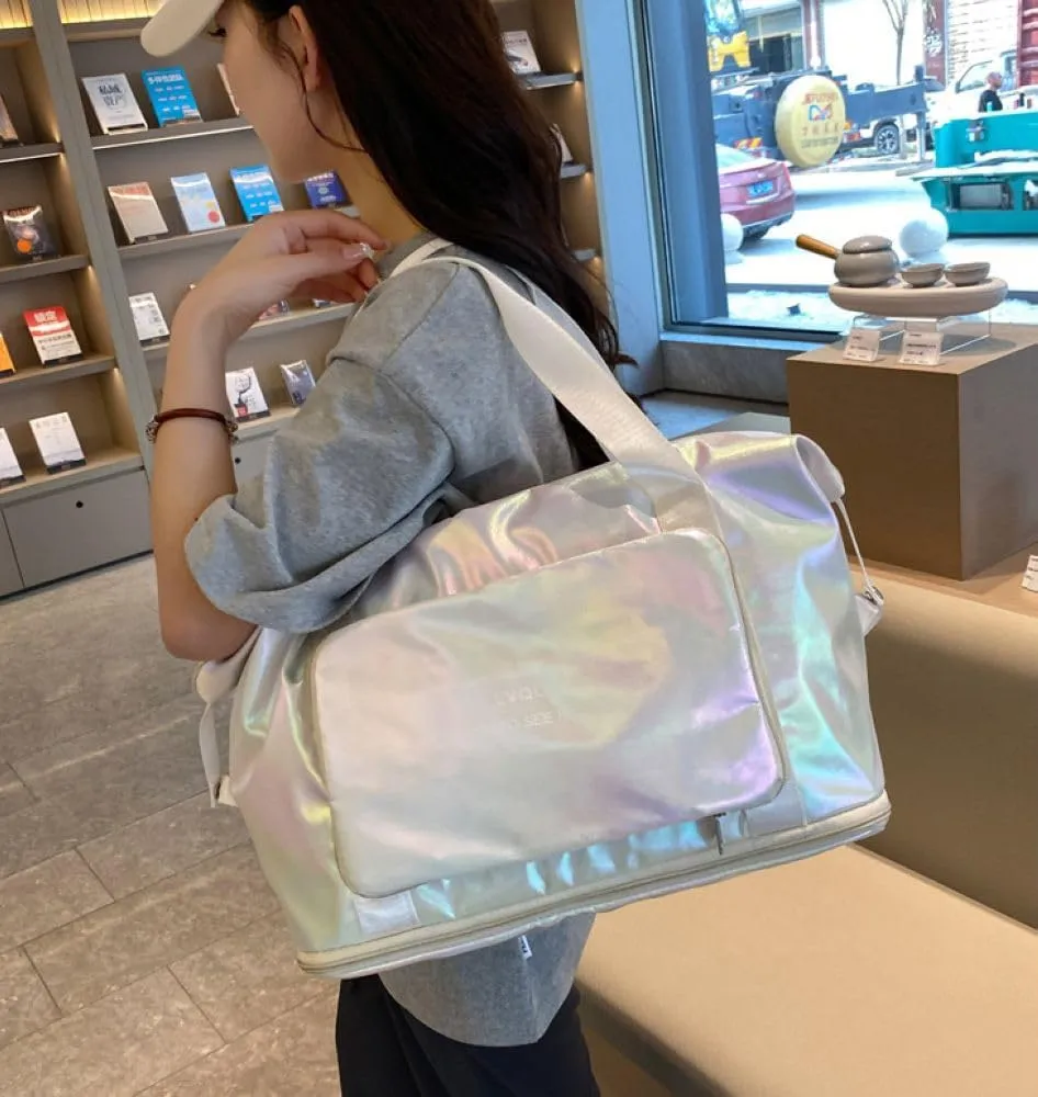 Laser Foldable Gym Bag for Women,Sports Travel Duffel Bag, Weekender Overnight Bag with Wet Pocket and Shoes Compartment for Women, Travel,Workout,Gym, Yoga G44 (Beige)