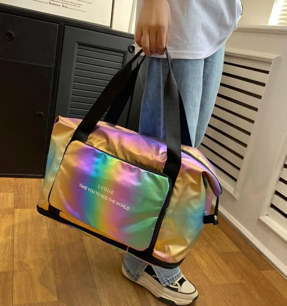 Laser Foldable Gym Bag for Women,Sports Travel Duffel Bag, Weekender Overnight Bag with Wet Pocket and Shoes Compartment for Women, Travel,Workout,Gym, Yoga G44 (Dazzling Gold)