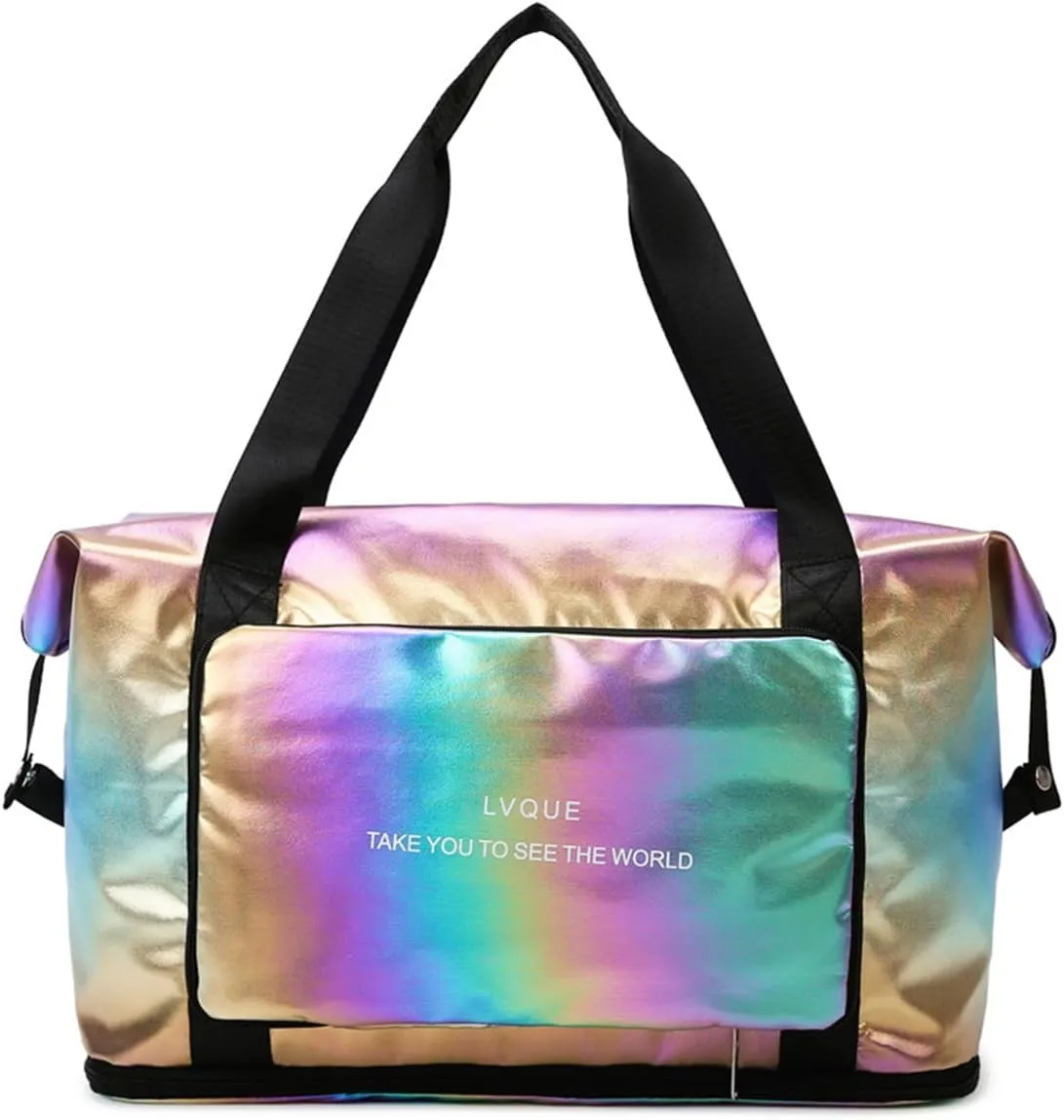 Laser Foldable Gym Bag for Women,Sports Travel Duffel Bag, Weekender Overnight Bag with Wet Pocket and Shoes Compartment for Women, Travel,Workout,Gym, Yoga G44 (Dazzling Gold)
