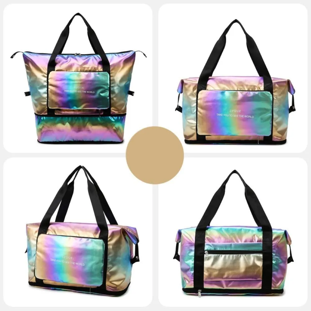 Laser Foldable Gym Bag for Women,Sports Travel Duffel Bag, Weekender Overnight Bag with Wet Pocket and Shoes Compartment for Women, Travel,Workout,Gym, Yoga G44 (Dazzling Gold)